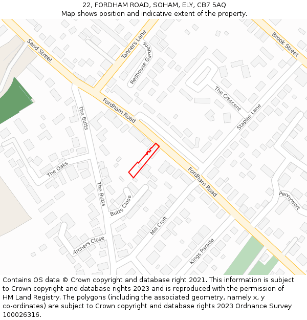 22, FORDHAM ROAD, SOHAM, ELY, CB7 5AQ: Location map and indicative extent of plot