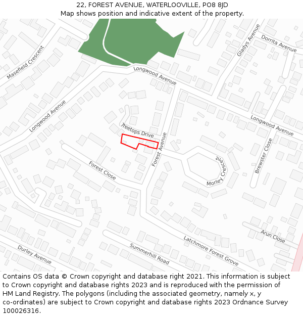 22, FOREST AVENUE, WATERLOOVILLE, PO8 8JD: Location map and indicative extent of plot