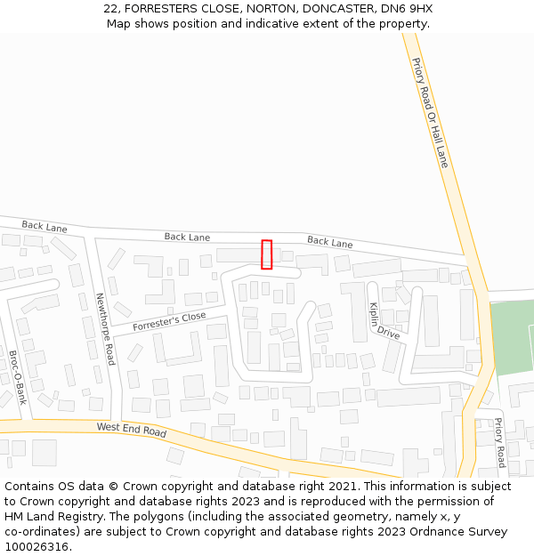 22, FORRESTERS CLOSE, NORTON, DONCASTER, DN6 9HX: Location map and indicative extent of plot