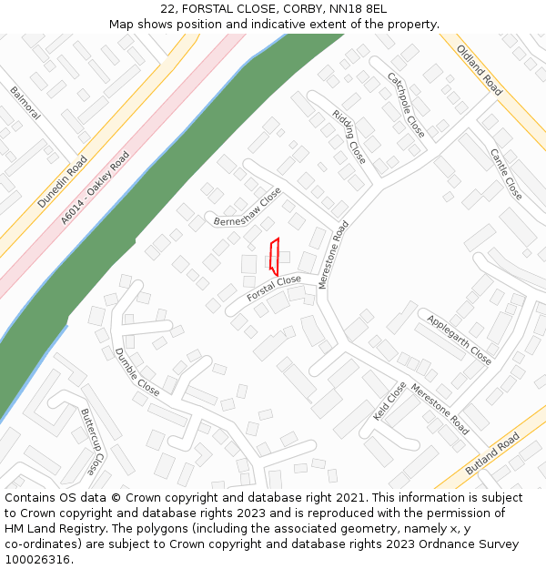 22, FORSTAL CLOSE, CORBY, NN18 8EL: Location map and indicative extent of plot