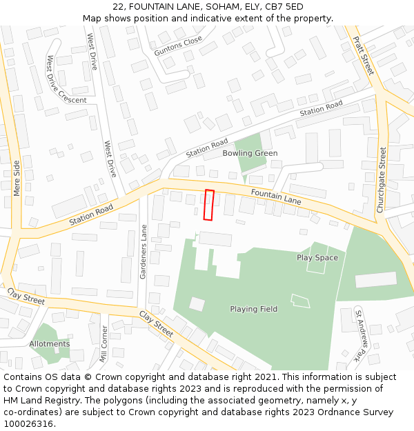 22, FOUNTAIN LANE, SOHAM, ELY, CB7 5ED: Location map and indicative extent of plot