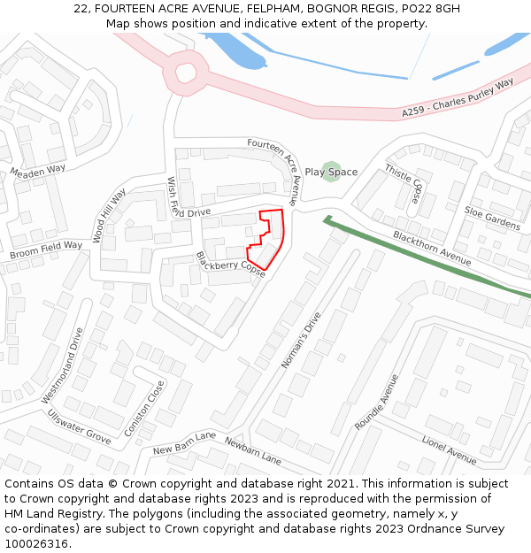 22, FOURTEEN ACRE AVENUE, FELPHAM, BOGNOR REGIS, PO22 8GH: Location map and indicative extent of plot