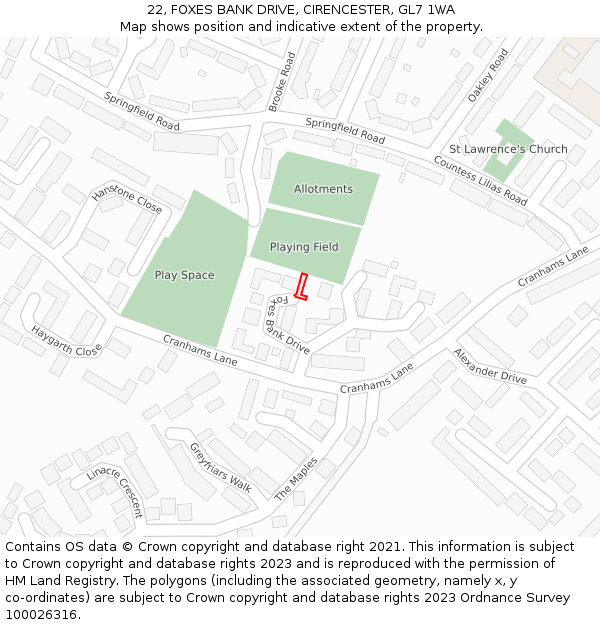 22, FOXES BANK DRIVE, CIRENCESTER, GL7 1WA: Location map and indicative extent of plot