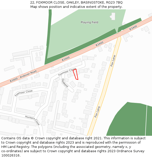 22, FOXMOOR CLOSE, OAKLEY, BASINGSTOKE, RG23 7BQ: Location map and indicative extent of plot