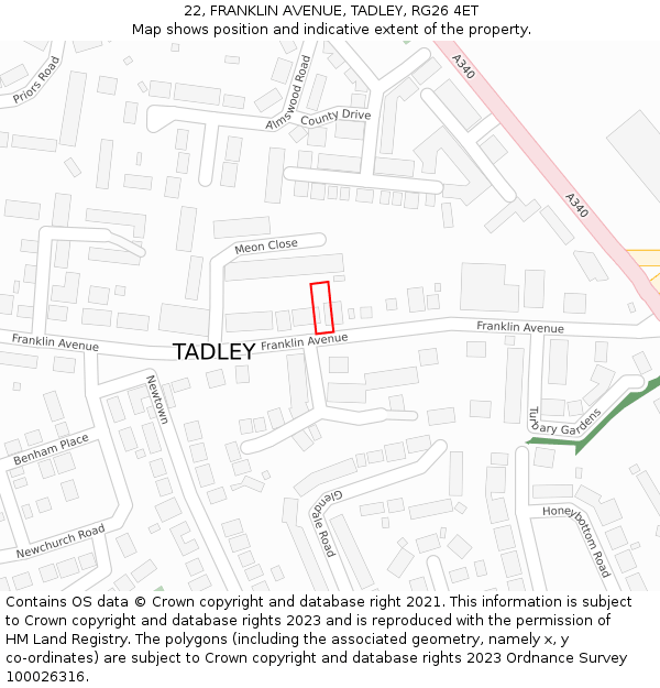 22, FRANKLIN AVENUE, TADLEY, RG26 4ET: Location map and indicative extent of plot