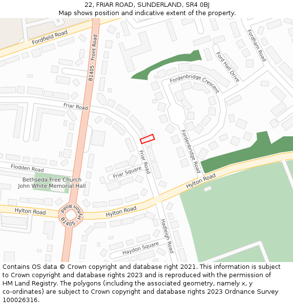 22, FRIAR ROAD, SUNDERLAND, SR4 0BJ: Location map and indicative extent of plot