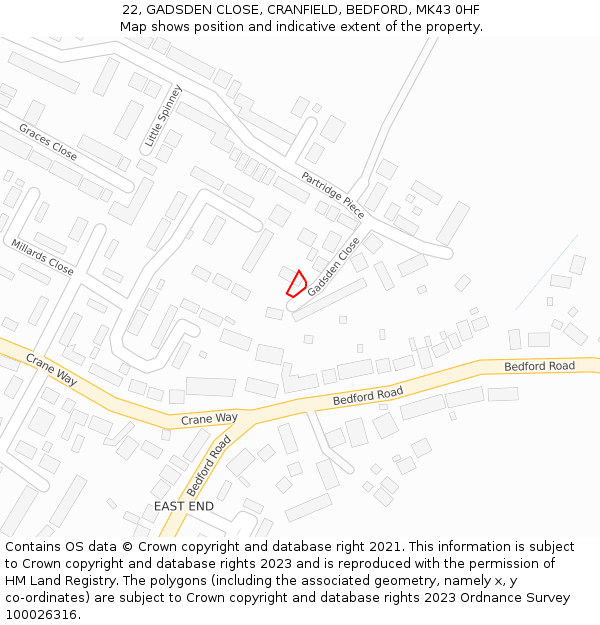 22, GADSDEN CLOSE, CRANFIELD, BEDFORD, MK43 0HF: Location map and indicative extent of plot