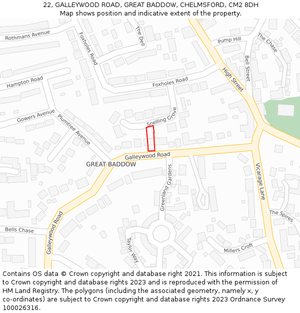 22, GALLEYWOOD ROAD, GREAT BADDOW, CHELMSFORD, CM2 8DH: Location map and indicative extent of plot