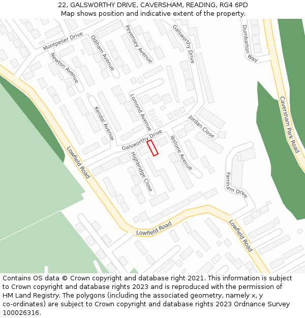 22, GALSWORTHY DRIVE, CAVERSHAM, READING, RG4 6PD: Location map and indicative extent of plot