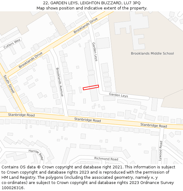 22, GARDEN LEYS, LEIGHTON BUZZARD, LU7 3PQ: Location map and indicative extent of plot