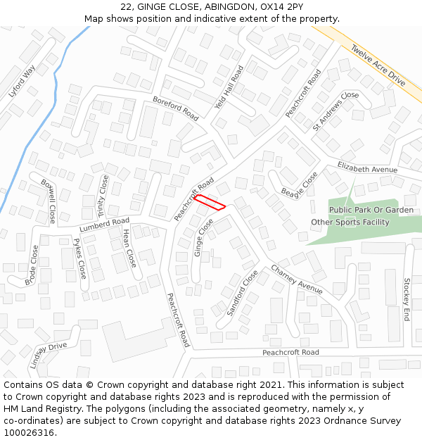 22, GINGE CLOSE, ABINGDON, OX14 2PY: Location map and indicative extent of plot