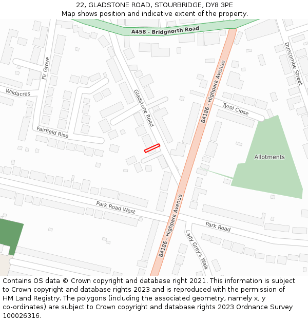 22, GLADSTONE ROAD, STOURBRIDGE, DY8 3PE: Location map and indicative extent of plot