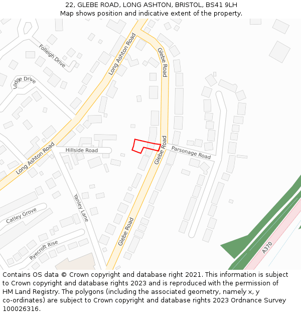 22, GLEBE ROAD, LONG ASHTON, BRISTOL, BS41 9LH: Location map and indicative extent of plot