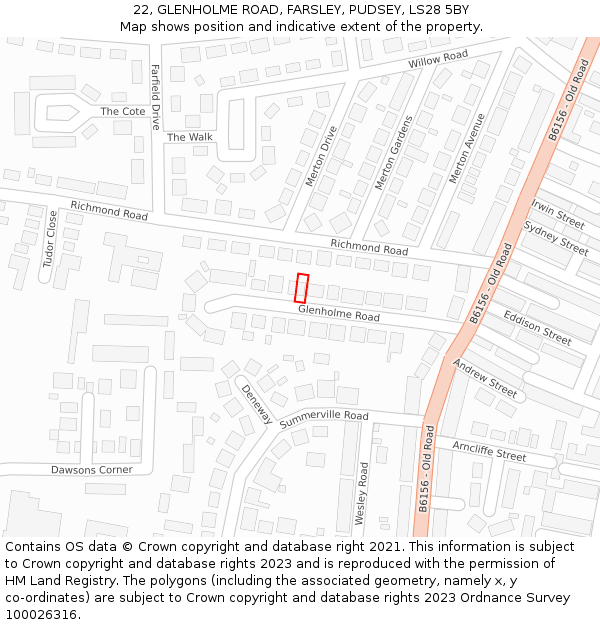 22, GLENHOLME ROAD, FARSLEY, PUDSEY, LS28 5BY: Location map and indicative extent of plot