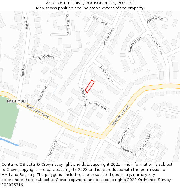 22, GLOSTER DRIVE, BOGNOR REGIS, PO21 3JH: Location map and indicative extent of plot