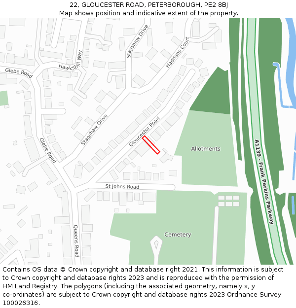 22, GLOUCESTER ROAD, PETERBOROUGH, PE2 8BJ: Location map and indicative extent of plot