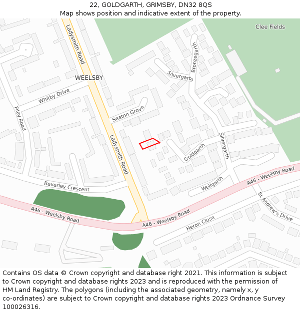 22, GOLDGARTH, GRIMSBY, DN32 8QS: Location map and indicative extent of plot