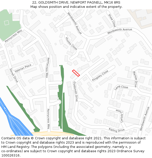 22, GOLDSMITH DRIVE, NEWPORT PAGNELL, MK16 8RS: Location map and indicative extent of plot