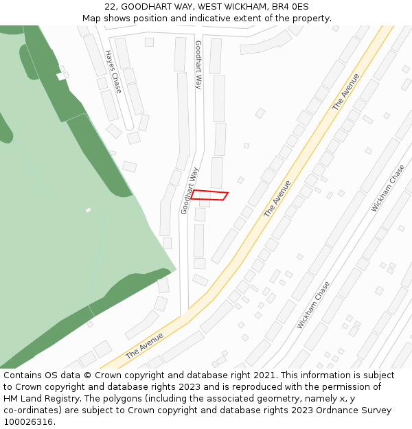 22, GOODHART WAY, WEST WICKHAM, BR4 0ES: Location map and indicative extent of plot
