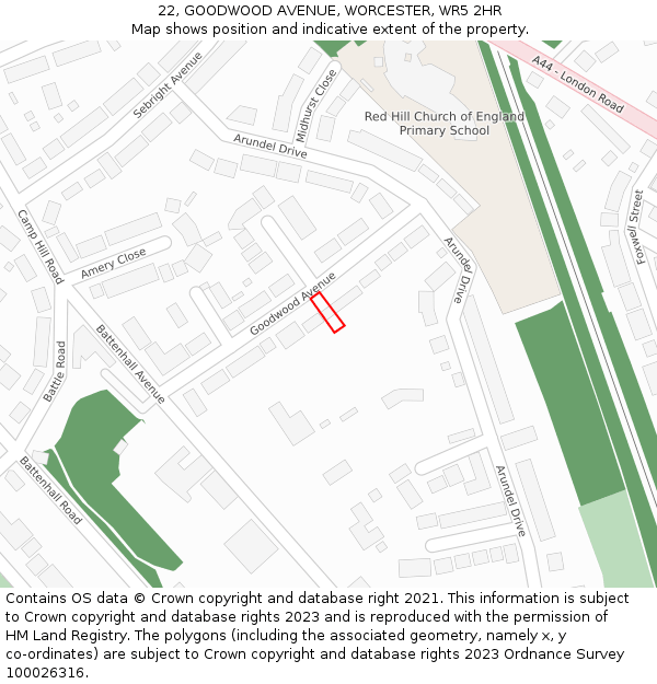 22, GOODWOOD AVENUE, WORCESTER, WR5 2HR: Location map and indicative extent of plot