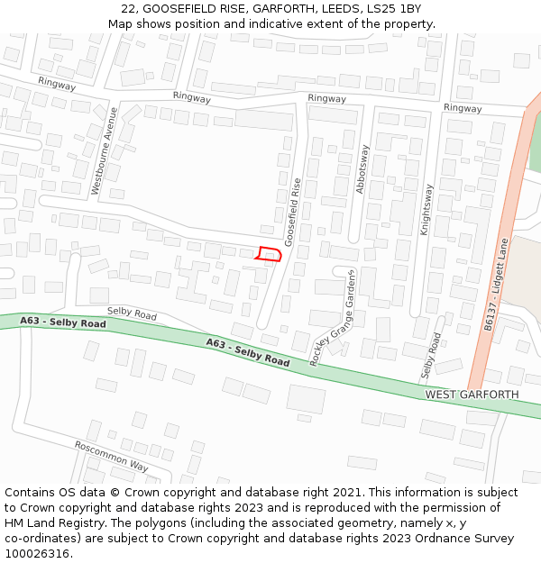 22, GOOSEFIELD RISE, GARFORTH, LEEDS, LS25 1BY: Location map and indicative extent of plot
