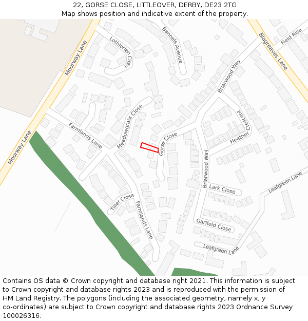22, GORSE CLOSE, LITTLEOVER, DERBY, DE23 2TG: Location map and indicative extent of plot