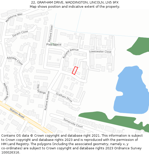 22, GRAFHAM DRIVE, WADDINGTON, LINCOLN, LN5 9FX: Location map and indicative extent of plot