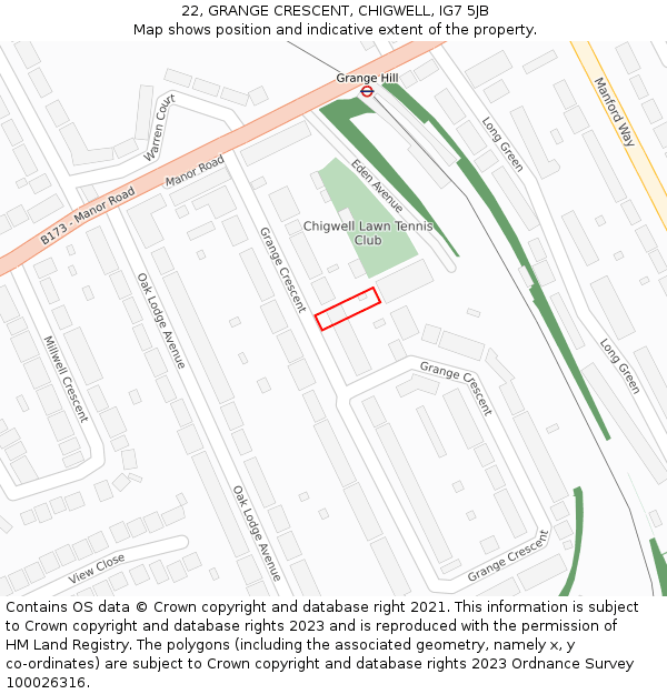 22, GRANGE CRESCENT, CHIGWELL, IG7 5JB: Location map and indicative extent of plot