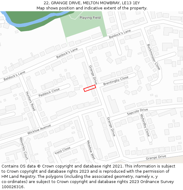 22, GRANGE DRIVE, MELTON MOWBRAY, LE13 1EY: Location map and indicative extent of plot