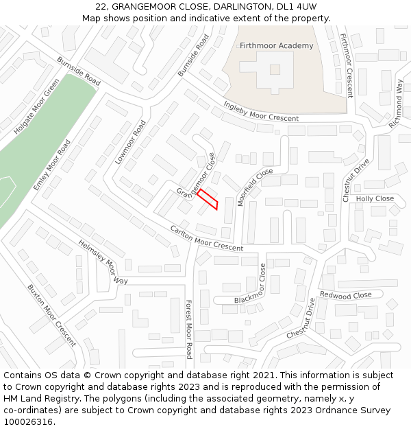 22, GRANGEMOOR CLOSE, DARLINGTON, DL1 4UW: Location map and indicative extent of plot