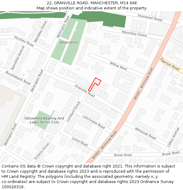 22, GRANVILLE ROAD, MANCHESTER, M14 6AE: Location map and indicative extent of plot