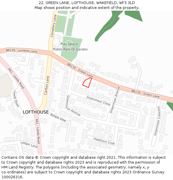 22, GREEN LANE, LOFTHOUSE, WAKEFIELD, WF3 3LD: Location map and indicative extent of plot