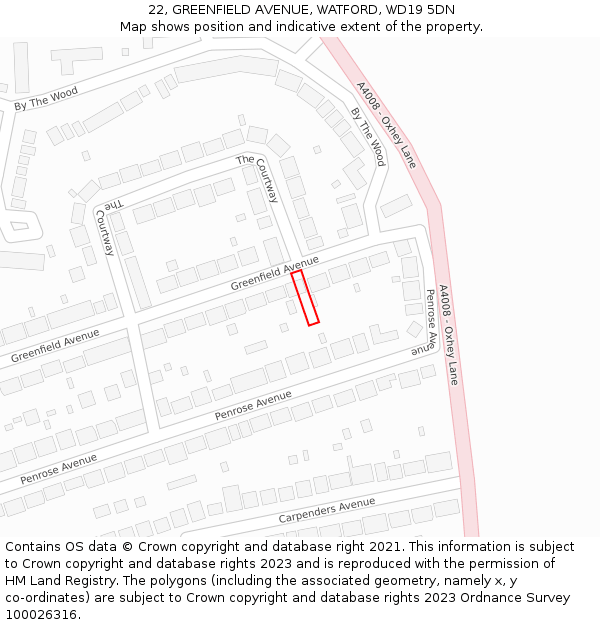 22, GREENFIELD AVENUE, WATFORD, WD19 5DN: Location map and indicative extent of plot