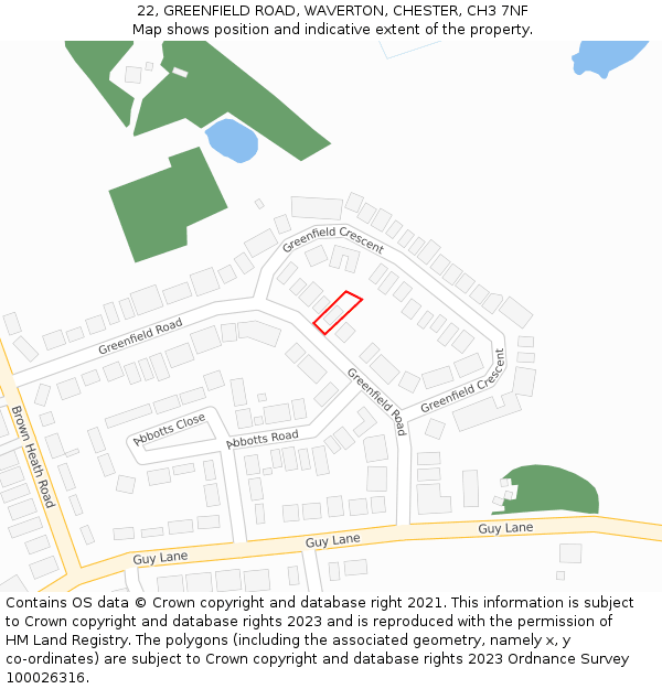 22, GREENFIELD ROAD, WAVERTON, CHESTER, CH3 7NF: Location map and indicative extent of plot