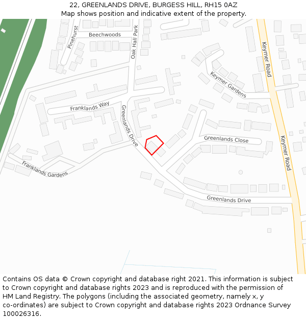 22, GREENLANDS DRIVE, BURGESS HILL, RH15 0AZ: Location map and indicative extent of plot