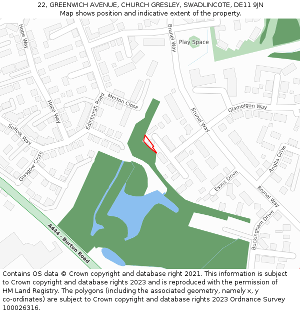 22, GREENWICH AVENUE, CHURCH GRESLEY, SWADLINCOTE, DE11 9JN: Location map and indicative extent of plot