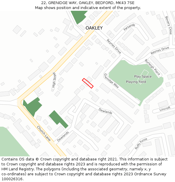 22, GRENIDGE WAY, OAKLEY, BEDFORD, MK43 7SE: Location map and indicative extent of plot