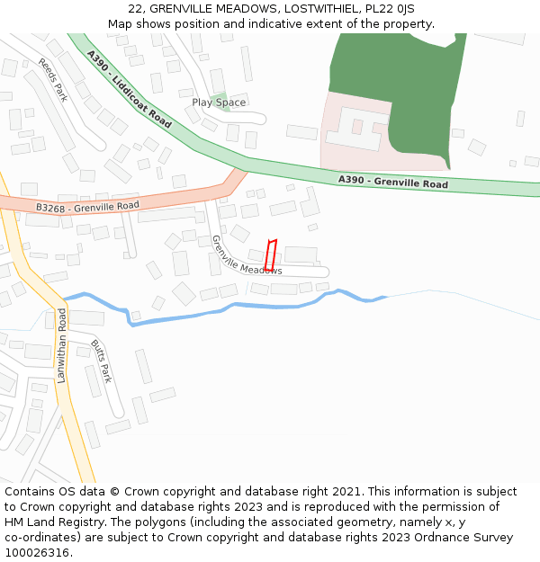 22, GRENVILLE MEADOWS, LOSTWITHIEL, PL22 0JS: Location map and indicative extent of plot