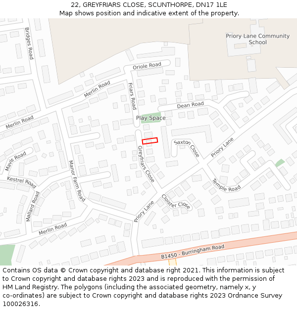 22, GREYFRIARS CLOSE, SCUNTHORPE, DN17 1LE: Location map and indicative extent of plot