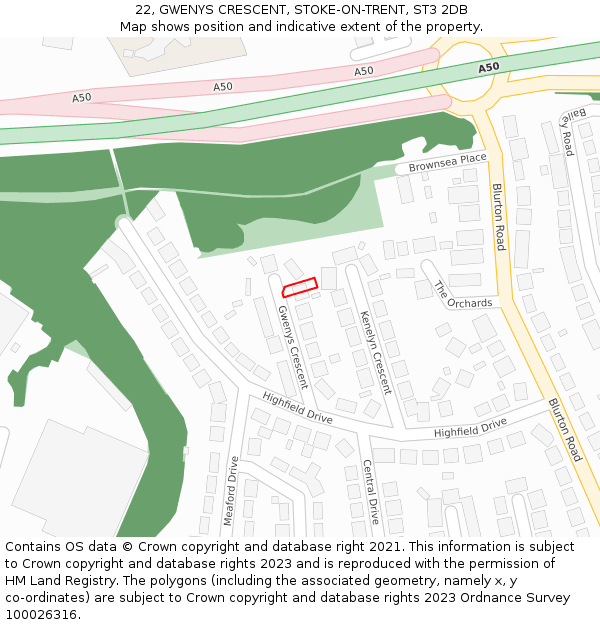 22, GWENYS CRESCENT, STOKE-ON-TRENT, ST3 2DB: Location map and indicative extent of plot