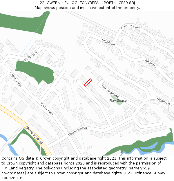 22, GWERN HEULOG, TONYREFAIL, PORTH, CF39 8BJ: Location map and indicative extent of plot