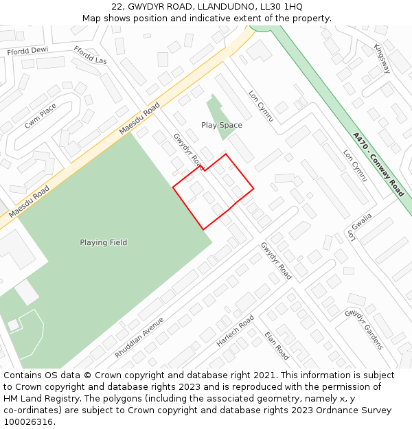 22, GWYDYR ROAD, LLANDUDNO, LL30 1HQ: Location map and indicative extent of plot