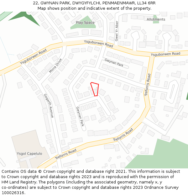22, GWYNAN PARK, DWYGYFYLCHI, PENMAENMAWR, LL34 6RR: Location map and indicative extent of plot