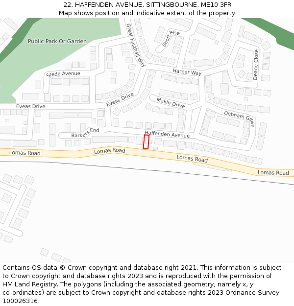 22, HAFFENDEN AVENUE, SITTINGBOURNE, ME10 3FR: Location map and indicative extent of plot