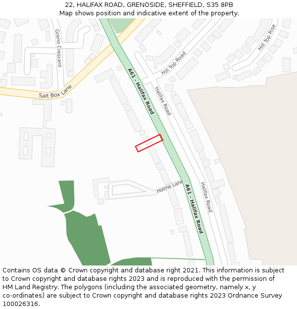 22, HALIFAX ROAD, GRENOSIDE, SHEFFIELD, S35 8PB: Location map and indicative extent of plot