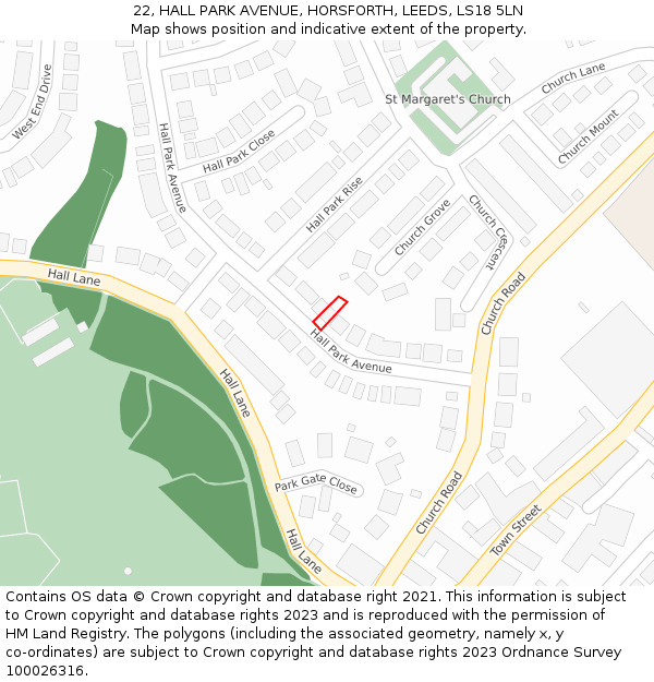 22, HALL PARK AVENUE, HORSFORTH, LEEDS, LS18 5LN: Location map and indicative extent of plot