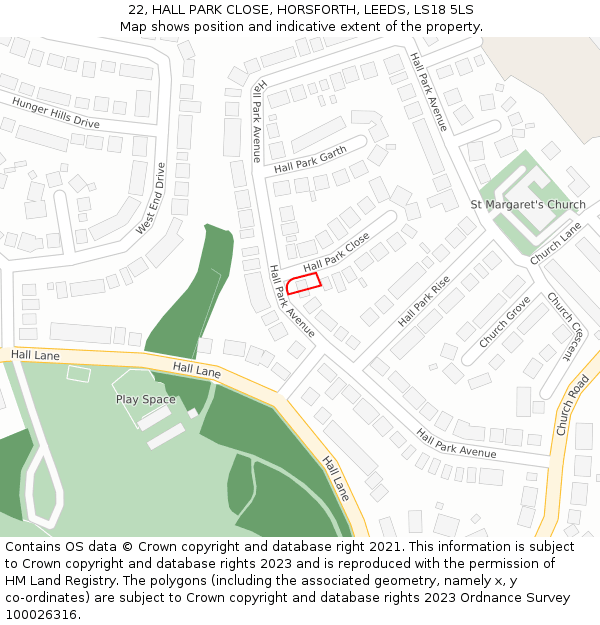 22, HALL PARK CLOSE, HORSFORTH, LEEDS, LS18 5LS: Location map and indicative extent of plot