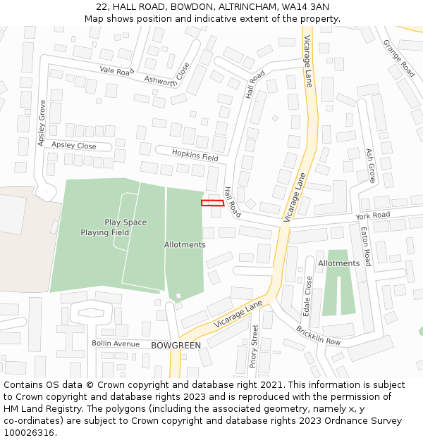 22, HALL ROAD, BOWDON, ALTRINCHAM, WA14 3AN: Location map and indicative extent of plot