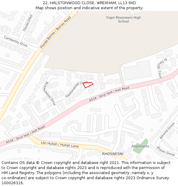 22, HALSTONWOOD CLOSE, WREXHAM, LL13 9XD: Location map and indicative extent of plot