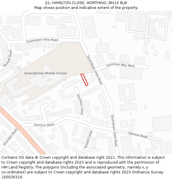 22, HAMILTON CLOSE, WORTHING, BN14 8LW: Location map and indicative extent of plot